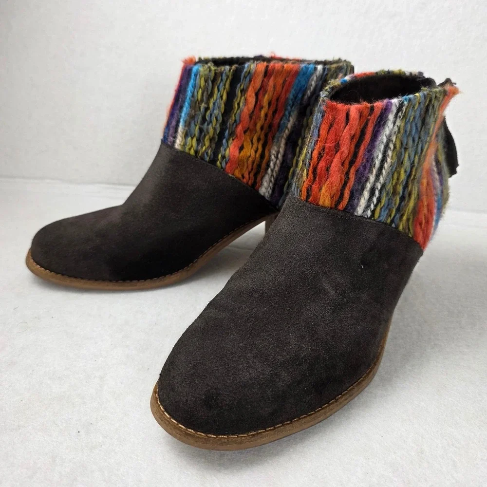 TOMS Lunata Brown Suede Multi Color Woven Tassel Ankle Boots Womens 8.5